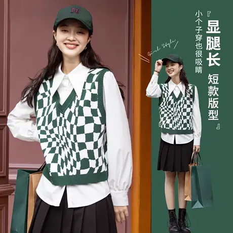 茵曼旗舰店V领针织马甲女2023新款宽松时尚外穿无袖马褂坎肩毛衣图片