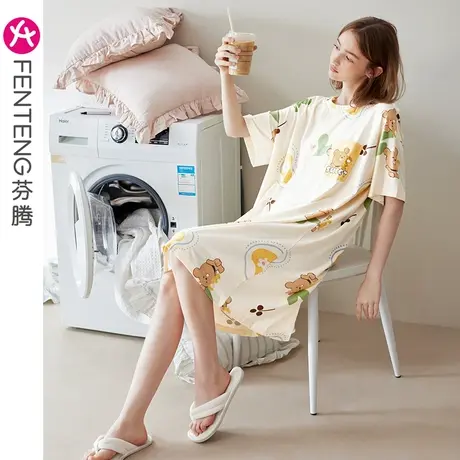 芬腾睡裙女纯棉短袖夏季薄款睡衣裙中裙少女甜美风休闲全棉家居服商品大图