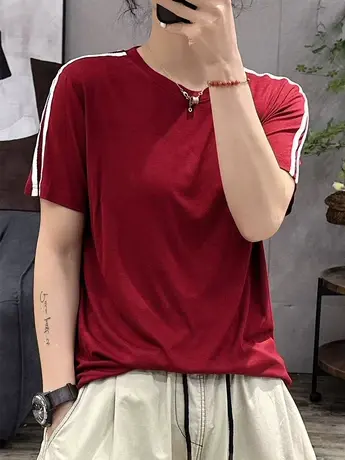 2023夏季新款圆领拼条纹短袖t恤女短款宽松百搭休闲显瘦上衣体恤商品大图