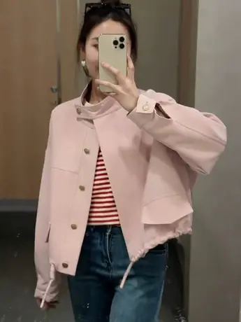 立领气质抽绳花苞外套夹克上衣女宽松休闲短款2023春装新款棒球服商品大图