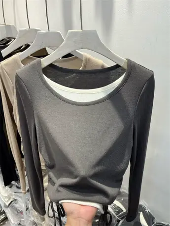 假两件拼接针织上衣收腰褶皱圆领T恤2023年早秋新款长袖修身体恤图片