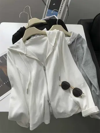 双拉链卫衣女设计感拼接抽绳连帽外套春秋款修身显瘦百搭开衫上衣商品大图