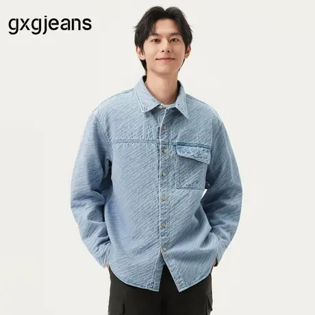 gxg.jeans男装 蓝色满身提花时尚复古牛仔衬衫外套男 25年春新品商品大图