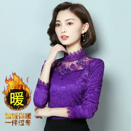 冬季保暖内衣女士加厚加绒上衣单件可外穿胖mm大码长袖蕾丝打底衫图片