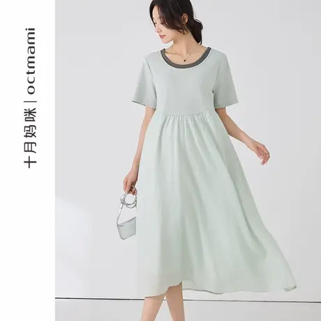 十月妈咪孕妇连衣裙2025新款夏季外穿大码假两件领口拼接裙夏装商品大图