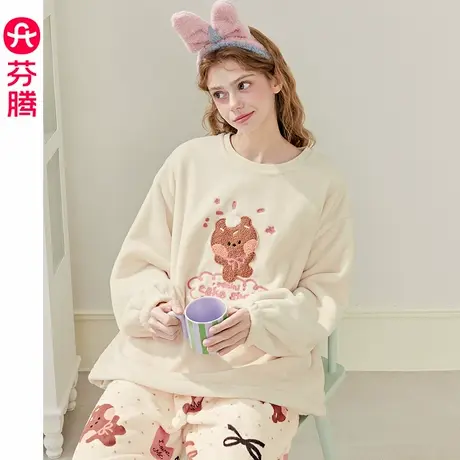 芬腾珊瑚绒女士睡衣秋冬季新款加厚布朗熊套装加绒保暖大码家居服商品大图