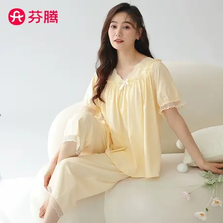 芬腾睡衣女纯棉薄款夏季短袖八分裤套装法式甜美宫廷风夏天家居服商品大图