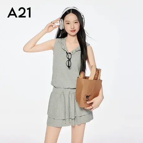 A21女装半开领连帽无袖连衣裙2025夏季新款简约抽绳松紧腰中长裙图片