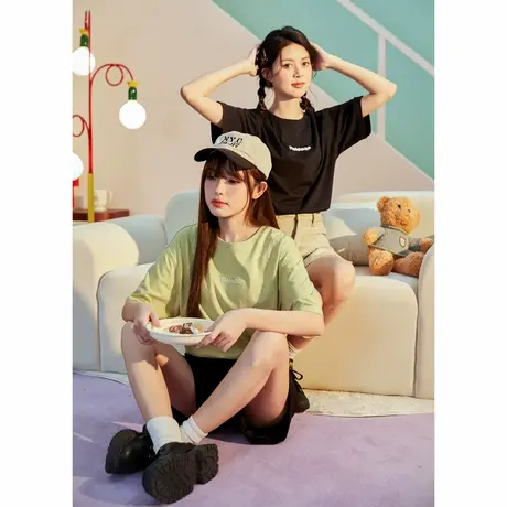 唐狮夏季新款女简约撞色字母纯棉短袖T恤休闲夏装宽松上衣商品大图
