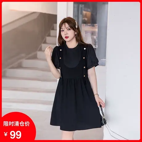 2023年夏季新款宽松遮肉显瘦胖MM吊带小黑裙拼接假两件大码连衣裙商品大图