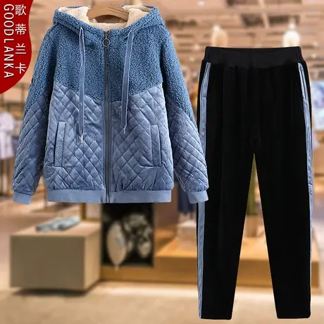 中年妈妈秋冬羊羔绒拼接棉衣两件套大码宽松洋气连帽加绒运动套装商品大图