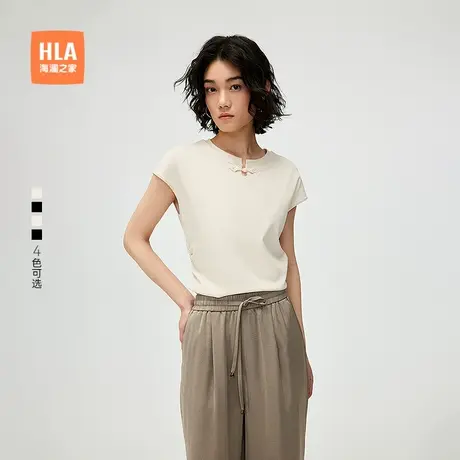 HLA/海澜之家修身短袖立领T恤2025春夏季新中式盘扣小飞袖短t女装商品大图