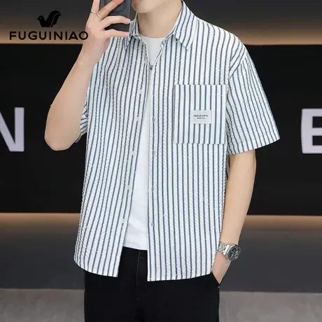 富贵鸟条纹短袖衬衫男士宽松工装上衣服夏季薄款百搭休闲衬衣男装商品大图