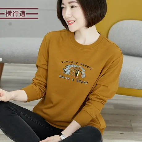 横行道印花卫衣女装大码韩版上衣2023冬装圆领宽松纯色长袖打底衫商品大图