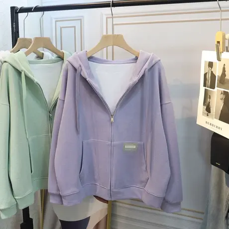 ins潮连帽卫衣女韩版宽松网红新款奶系薄荷绿带帽拉链开衫外套冬图片