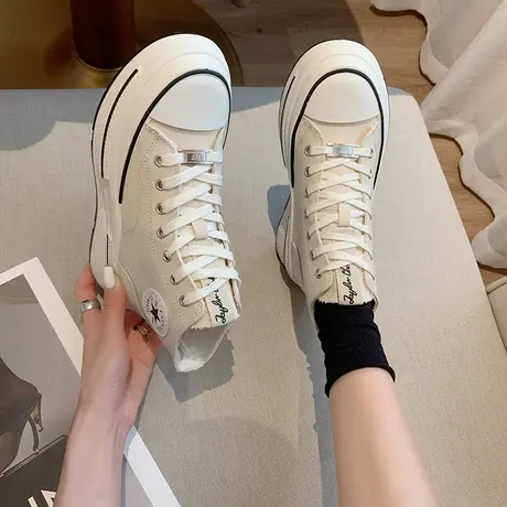 高帮鞋女春秋新款2023年松糕厚底运动鞋小个子潮流休闲街拍帆布鞋商品大图