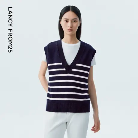 LANCY/朗姿2023秋季新款大V领撞色马甲毛针织衫女外搭无袖设计感图片