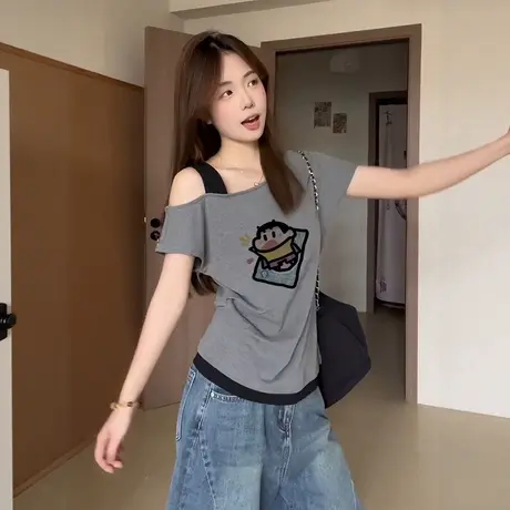 纯欲风灰色高级感露肩短袖夏季t恤女甜酷漂亮掐腰减龄上衣服ins潮图片