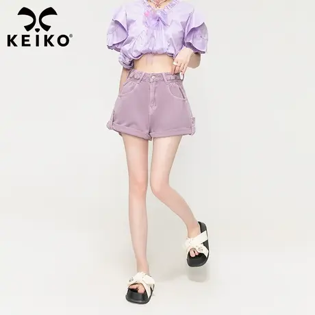 KEIKO 香芋紫色牛仔短裤女薄款夏季复古高腰显瘦卷边阔腿裤子热裤图片
