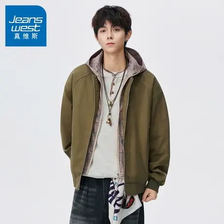 N5真维斯外套男2025秋季新款美式潮牌连帽假两件上衣男士春秋夹克商品大图