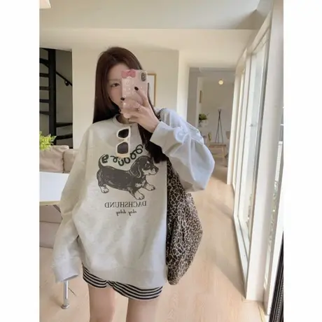 灰色卫衣女秋季2025新款韩系慵懒风宽松显瘦狗狗印花圆领长袖上衣商品大图