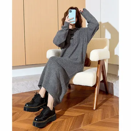 唐狮入秋韩系针织连衣裙女秋冬新款长款打底毛衣裙冬季灰色长裙o3图片