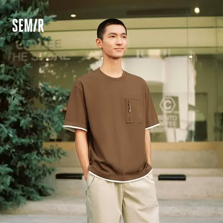 森马短袖T恤男撞色拼接假两件户外工装风上衣秋季休闲装宽松百XY商品大图