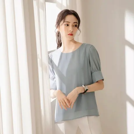 桔熊春夏季复古通勤雪纺衫五分泡泡袖圆领套头上衣女大码AB16922图片