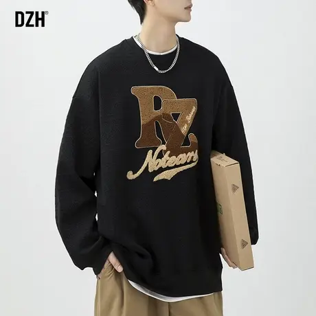 男士黑色重磅新款卫衣男潮牌秋季圆领宽松提花上衣春秋外套情侣装商品大图