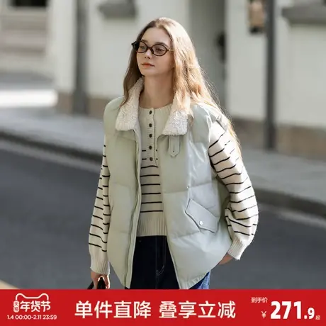 唐狮2026秋冬季短款马甲羽绒服女立领左胸细节仿羊羔毛拼接时尚商品大图