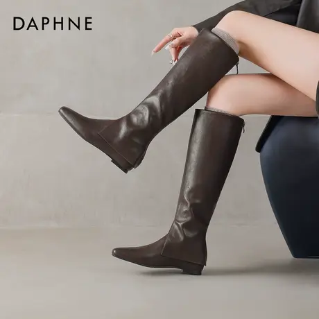 达芙妮棕色长筒靴女秋冬2025新款裤管靴内增高长靴高筒方头骑士靴图片