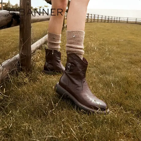 千百度美拉德切尔西靴女冬季新款中跟西部靴休闲手抓皮短靴子图片