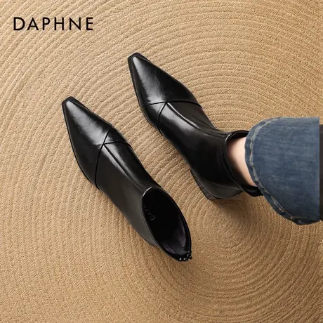 达芙妮尖头短靴女2026新款春季加绒瘦瘦靴粗跟马丁靴切尔西皮靴子商品大图