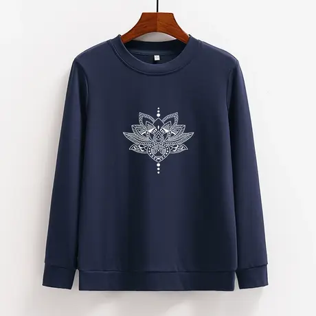 正肩圆领复古印花卫衣T恤棉藏青色女商品大图