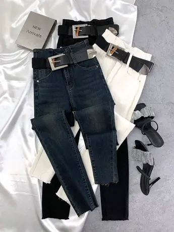 大腰带韩版牛仔铅笔裤女2023秋季新款显瘦百搭弹力包臀高腰小脚裤商品大图