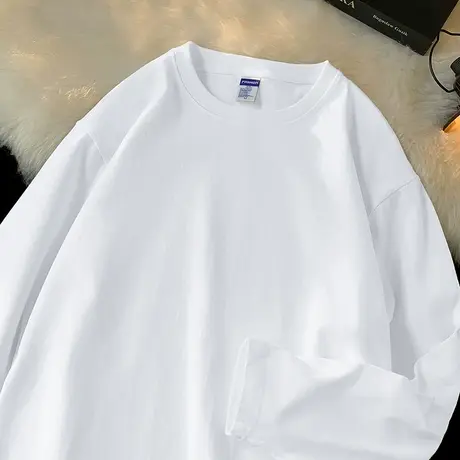 260g美式重磅纯棉t恤男长袖纯色白色体恤宽松潮流内搭打底衫秋衣商品大图