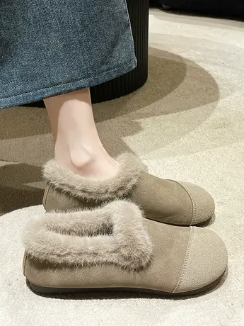 2023冬季新款复古加绒圆头平底一脚蹬保暖豆豆鞋女磨砂羊羔毛棉鞋商品大图