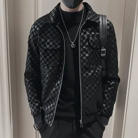 高级感满印棋盘格格子皮衣外套春秋季复古痞帅ins潮牌机车皮夹克商品大图