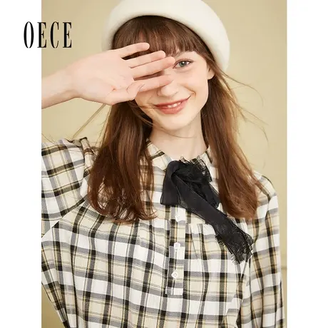 Oece法式蕾丝复古文艺格子长袖衬衫气质上衣春秋新款上衣图片