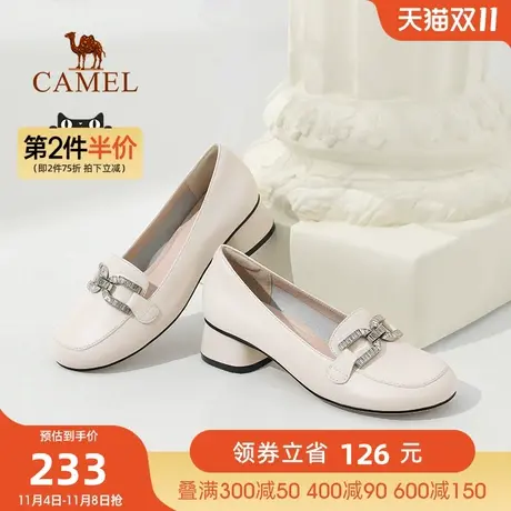 骆驼女鞋秋季新款真皮圆头中跟休闲乐福鞋小皮鞋粗跟单鞋女图片