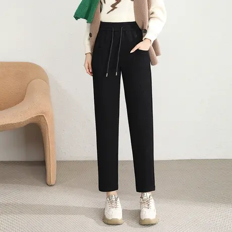 黑色九分直筒裤女2023秋冬新款抽绳松紧腰显瘦遮胯口袋百搭休闲裤商品大图