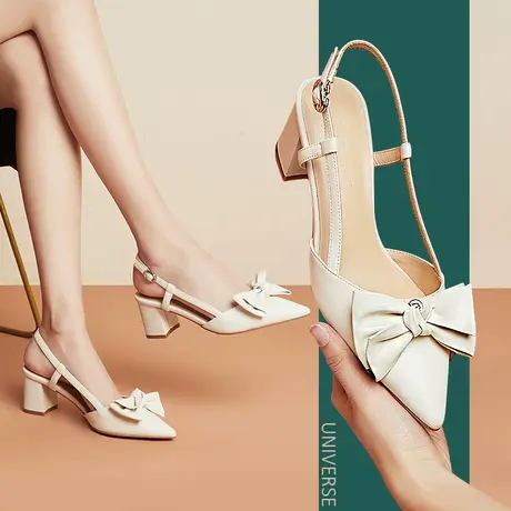 清仓粗跟时装包头凉鞋女夏季尖头蝴蝶结白色高跟凉鞋休闲商品大图