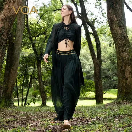 VOA乔其纱桑蚕丝墨绿色系带领轻薄透气喇叭长袖真丝风衣外套图片