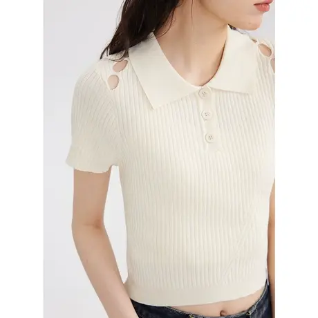 薄款polo领破洞针织衫女2023新款设计感小众修身显瘦翻领短袖上衣商品大图