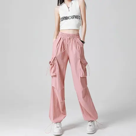 粉色速干直筒工装裤女春秋宽松高腰阔腿休闲辣妹两穿灯笼运动裤子图片