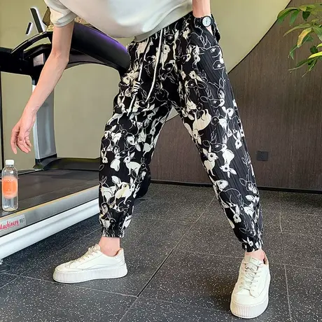 潮牌男士休闲长裤夏季新款时尚花色空调裤ins潮流薄款哈伦九分裤商品大图