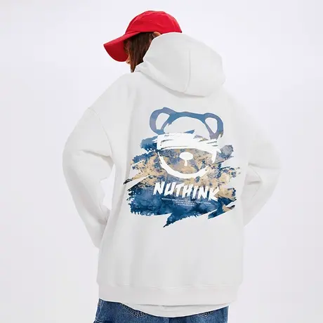 Nuthink国潮趣味小熊连帽卫衣男潮牌ins加绒oversize大码情侣外套商品大图