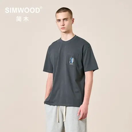 simwood简木男装【宽松版型】260g胸前绣花口袋圆领休闲短袖T恤男图片
