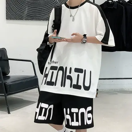 短袖t恤男夏季潮牌立领痞帅气两件套2023新款百搭工装体恤上衣服商品大图