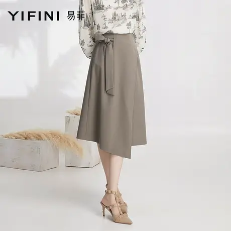 Yifini/易菲不规则A字裙女春秋新款简约大气中长款半身裙通勤干练图片